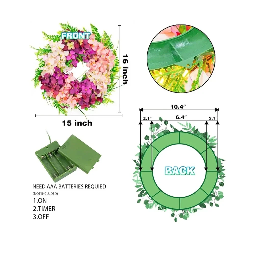 Phosooy 16in‎ Pre-lit Hydrangea Wreath 40 LED Timer Pink Purple Floral Decor